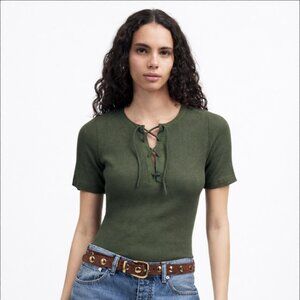 MADEWELL Ribbed Lace-Up Short-Sleeve Tee - Size Medium